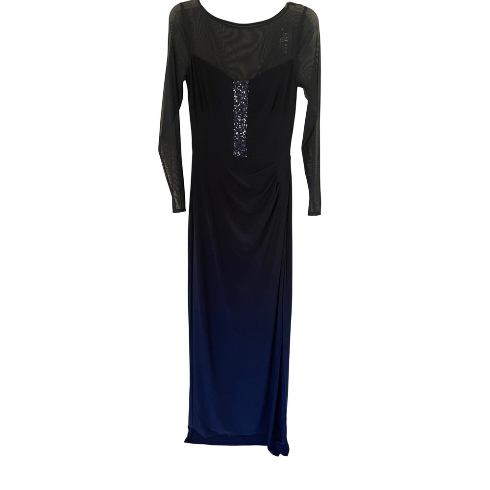 Lauren Ralph Evening Blue Mesh Long Sleeve Sequin Formal Dress Size 4